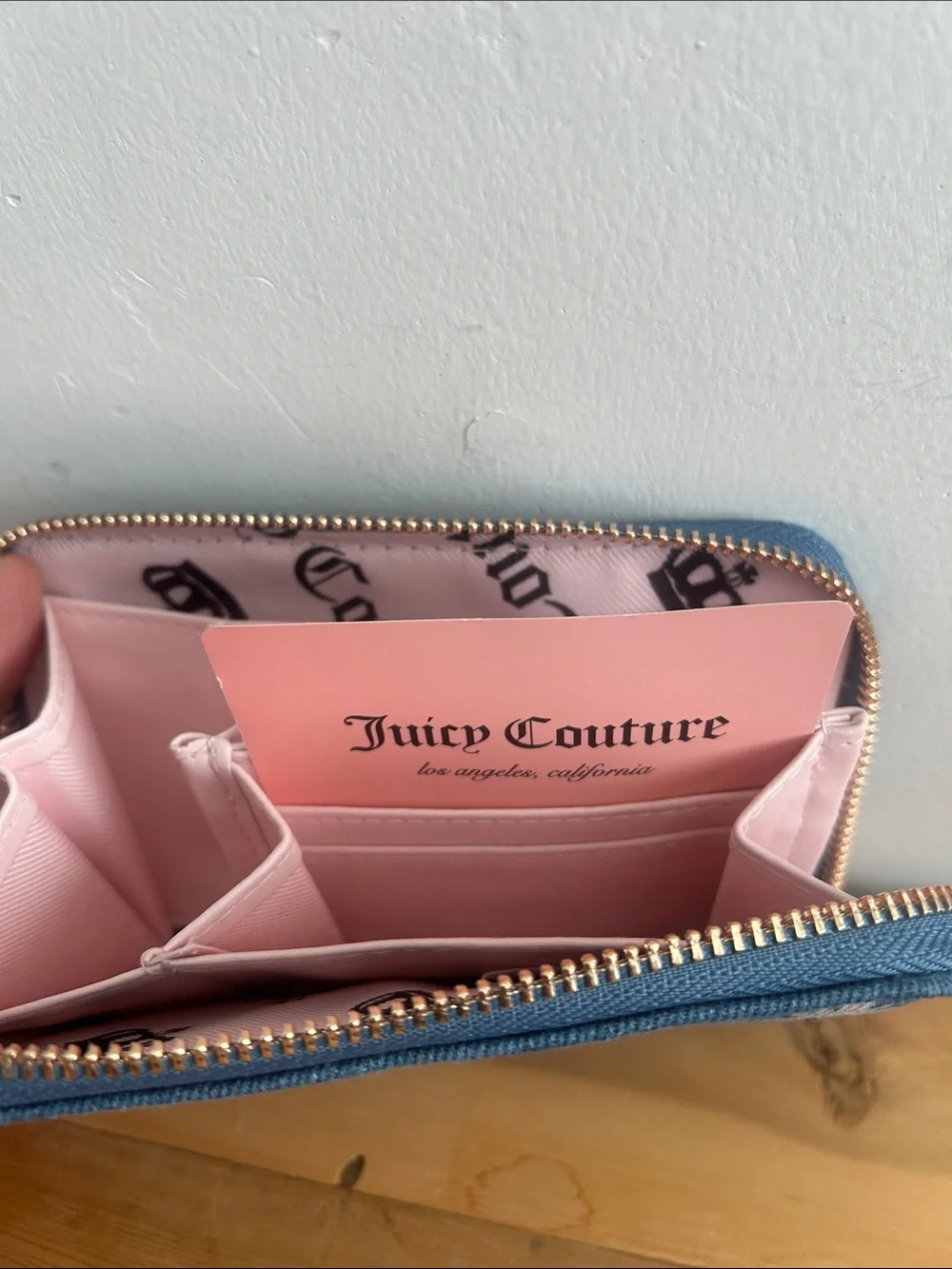 Juicy Couture denim daisy zip wallet with pink logo